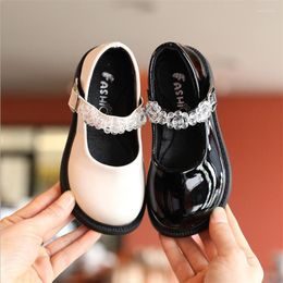 Flat Shoes Girl's White And Black Patent Leather Bright Casual Children's Crystal Princess Students Wide Head Bottom