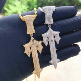 Pendant Necklaces Chains Hip Hop Full Paved Iced Out Bling 5A Cubic Zirconia Letter Charms Cz Cross Sword Pendant Necklace For Men Boy Rock JewelryChains T230301