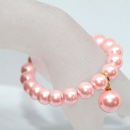 Strand Imitation Shell Pearl Round Beads High Grade Candy Colour Pink 10mm Girls Beauty Gift Bracelet Elastic Rope Jewellery 7.5inch B1711