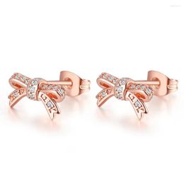 Stud Earrings Rose Gold Jewellery Sparkling Bow With Clear CZ For Woman Fashion Make Up Party Gift