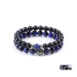 car dvr Charm Bracelets Men Blue Tiger Eye Stone Bracelet Buddha Lotus Charms Handmade 8Mm Balck Beads Summer Women Jewelry Gift Drop Deliver Dhrzf