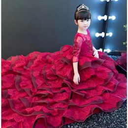 Real Picture Flower Girls Dress Baby Girl Clothes Lace 3D Flowers Applique Beads Puffy Tulle Kids Gown Custom Made Birthday Gowns 403