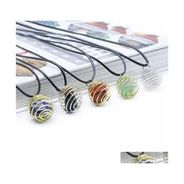 car dvr Pendant Necklaces Copper Wire Wrapped Ball Stone Crystal Quartz Opal Necklace Leather Chains For Men Women Fashion Jewellery Drop Deli Dh6Ns