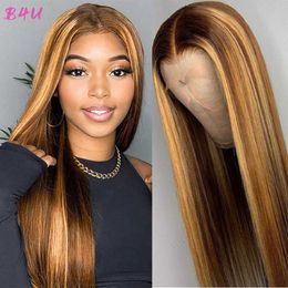 Synthetic Wigs B4u Highlight Wig Human Hair Honey Blonde Transparent Lace Wigs Remy t Part Brazilian Bone Straight Front 230227