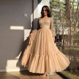 Party Dresses Champagne Elegant Prom Long Sleeves Sparkly Tulle A-Line Ankle Length Women Homecoming Gowns Plus Size Custom Made