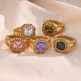 Cluster Rings Exaggerated Vintage New Stainless Steel Chunky Square Zirconia Ring Hollow Braid Side Green Black Pink White Gemstone Ring G230228