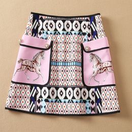 Spring Summer High Waist Elegant Skirt Pink Horse Print Beaded Pockets Knee-Length A-Line Fashion Skirts 21O301020
