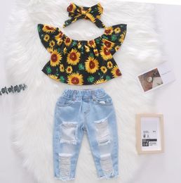 Kinder Mädchen Kleidung Set eine Schulter Stretch Denimhose Sommermädchen Sonnenblumen Top Kleider für Kinder Kleidung aus Outfits