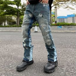 Men's Jeans High Street Retro Ink Splash Patchwork Ripped Flare Pants Men and Women Straight Casual Oversized Loose Denim Trousers Y2303