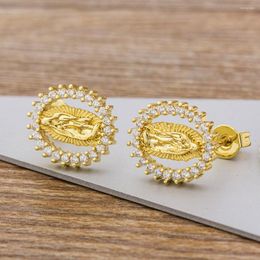 Stud Earrings AIBEF Luxury Retro Gold Colour Copper Shining Micro Pave Zircon Virgin Mary Women Girls Fashion Party Jewellery Gift