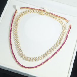 Choker Iced Out 3mm Red Cz Paved Tennis Chain Long Necklace For Men Chunky Cubic Zircon Miami Cuban Link Jewellery