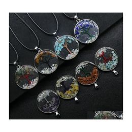 car dvr Pendant Necklaces Tree Of Life Pattern Reiki Healing Crystal Energy Round Edged Broken Stone Quartz Rope Fashion Women Men Jewelry D Dhx9G