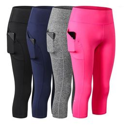 Running Pants Women Capri For Sport High Slim Waist Pocket Leggings 3 4 Yoga Compression Tights Gym Fitness Clothing Sportswear13059