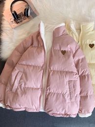 JMPRS Cute Embroidery Women Parkas Coat Winter Thick Hairy Korean Loose Warm Jacket Double Sided Design Pink Student Clothes 230301