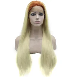 24" Long Ombre Blonde Wig Silky Straight Heavy Density Heat Resistant Synthetic Fiber Lace Front Fashion Wig