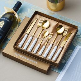 Dinnerware Sets Cathylin Ceramic Handle Western Flatware 4 pcs Stainless Steel Cutlery Knife Fork Spoon Teaspoon Dinner 230302