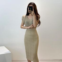 Work Dresses Women Sexy Two Piece Sets 2023 Summer V-neck Knitted Tops Wrap Skirt Outfit Elegant Ladies Hollow Perspective Office Suit