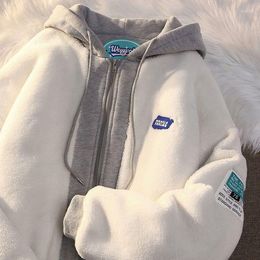 Women's Hoodies Women 2023 Autumn Winter Lambwool Patchwork Oversized Female Warm Jackets Outwear Retro Harajuku Loose Zip Up Hoodie