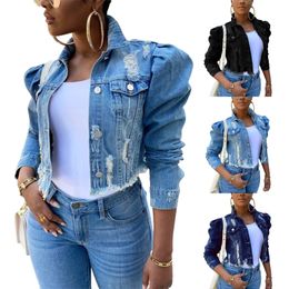 Women's Jackets Y2k Ripped Denim Jacket Casual Long Puff Sleeve Button Down Cropped Jean Coats for Fall 230301