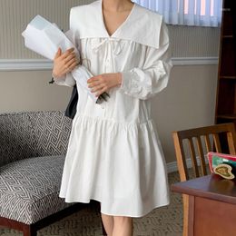 Casual Dresses Clothland Women White Black Shirt Dress Bow Tie Sailor Collar Long Sleeve Straight Cute Tops Mini QB678