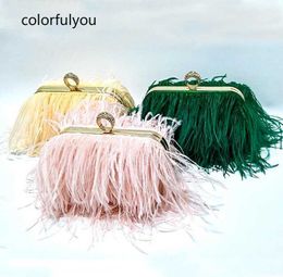 s 2022 Luxury Ostrich Feather Party Evening Clutch Women Wedding Purses and Handbags Small Shoulder Chain Designer BagL230302