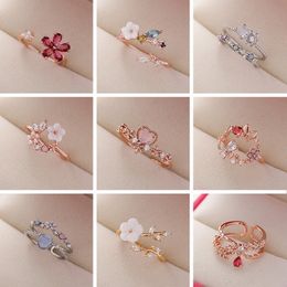 Moda cristal zircão anéis doce flor folha borboleta ajustável aberto anéis feminino casamento noivado jóias presente