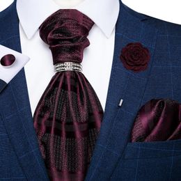 Bow Ties Classic Burgundy Red Ascot Silk Striped Woven Scarf Cravat Tie Pocket Square Cufflinks For Men Wedding Necktie Ring Set