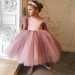 Girl Dresses Bow Pink Flower Tulle Pearls Party Dress Kid Birthday Puffy Princess Satin Communion