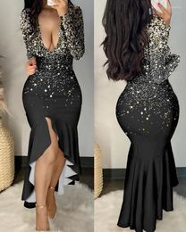 Casual Dresses Print Long Sleeve Deep V-Neck Mermaid Dress Women Spring Summer High Waist Sexy Slim Fashion Party