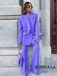 Women's Suits Blazers KONDALA Vintage Solid Purple Oversized Long Blazer Women Double Breasted Pockets Office Lady Jackets Elegant Outwear 230302