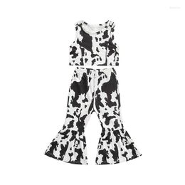 Clothing Sets 2023 Kids Baby Girls Clothes Cow Pattern Print Round Neck Sleeveless Tank Tops And Elastic Flared Pants Summer Outfits