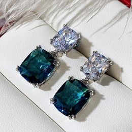 Dangle Earrings Korean Luxury Extra Large Fat Cube Dark Blue Crystal Zircon For Women Wedding Bridal Fashion Jewellery Gift E1280