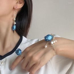 Dangle Earrings Preserved Flower Blue Ladies Fashion Vintage Jewellery Boho Niche Freshwater Pearl Pendants