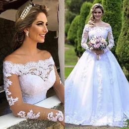 African Dubai Elegant Long Sleeves A-Line Wedding Dresses off shoulder Lace Appliques Beaded Vestios De Novia Bridal Gowns with Buttons Plus Size wed gown