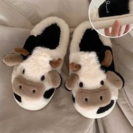 Slippers 2023 Milk Cow Fur Women's Winter Warm Plush Home Rabbit Dog Kawaii Flat Bottom Cute Animal Indoor Y2302