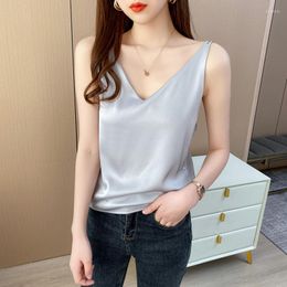 Women's Tanks Spaghetti Strap Top Camisole Women's Summer V-neck Sleeveless Outer Suit With Real Silk Tank Satin Slim Bottoming Shirt