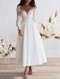 Wedding Dress 2023 Ankle Length A-Line Long Sleeve Illusion Neck Appliques Lace Bridal Gowns Summer Boho Robe De Mariage