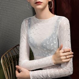 See Through Mesh Half Moon T-shirt 2022 Spring Summer New Flocking Perspective Sexy Party Club Birthday Fashion Crescent CX220518