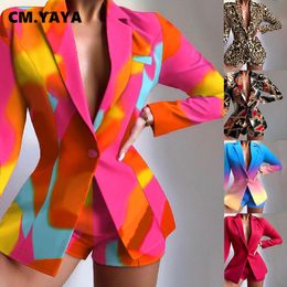 Women's Suits Blazers CM.YAYA Women's Set Elegant Blazer Tops and Shorts Suit Matching Two 2 Piece Set Office Lady INS Leopard Chian Tie Dye Outfits 230302