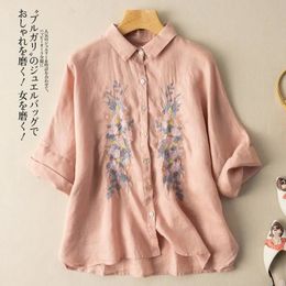 Women's Blouses Shirts Three-quarter sleeve cotton and linen shirt women's plus size spring and summer literary retro embroidery loose casual top 230302