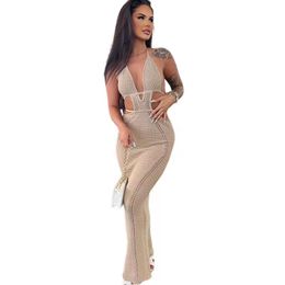 Women Party Dresses Sleeveless Halter Sexy Hollow Out Splicing Lace-up Bodycon Dress Beach Evening Long Maxi Dress