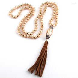 Pendant Necklaces Fashion Bohemian Jewelry Beige Long Crystal Glass Knotted Handmake Paved Tubes Tassel Necklace For Women