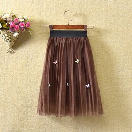 Skirts Kids Girl Pleated Mesh Tulle Maxi Skirt Korean Style Baby Toddler Big School Midi Skirt Grey Pink White Tutu Dress Child Clothes T230301