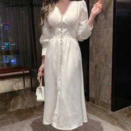 Casual Dresses Puff Sleeve Maxi For Women High Quality Silk Korean Fashion Clothing V-neck Single Breasted Elegant Vestido De Mujer