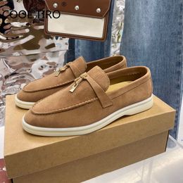 Dress Shoes Summer Walk Kid Suede Women Loafers Casual Moccasin Genuine Leather Soft Sole Metal Lock Slip On Flat Mules Driving 230302