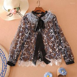 Women's Blouses High Quality Korean Thin Summer Embroidery Shirt Women Spring Lace Patchwork Coat Black/blue Transparent Loose