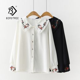 Women's Blouses Shirts Floral Embroidered Button Up Chiffon Blouse Long Sleeve Peter pan Collar Shirt Sweet Girls Loose Plus Size Top T93902F 230302