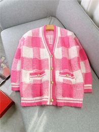 Women's Knits Tees Mohair V-neck Plaid Pink Knitted Jacket Spring Single-breasted Collision Color Loose Office Lady Cardigan Sweater 230302