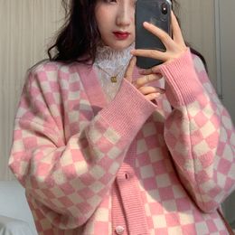Women's Knits Tees checkerboard Cardigans women Long Sleeve Knitted Sweater Women Korean Pink Sweaters Cardigan Female Jacket with Buttons 230302