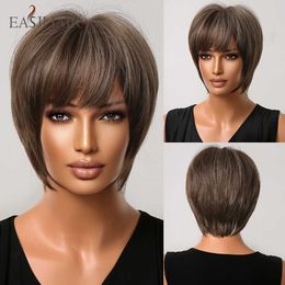 Synthetic Wigs Easihair Short Synthetic Wigs Honey Brown with Bangs Hair for Women Layered Natural Wig Heat Resistant Cosplay 230227